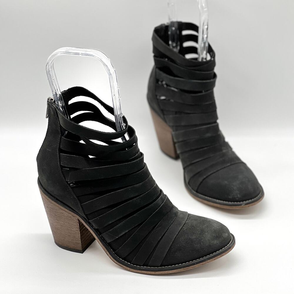 FREE PEOPLE Hybrid Strappy Heeled Ankle Boot Womens 38 Black Leather Block